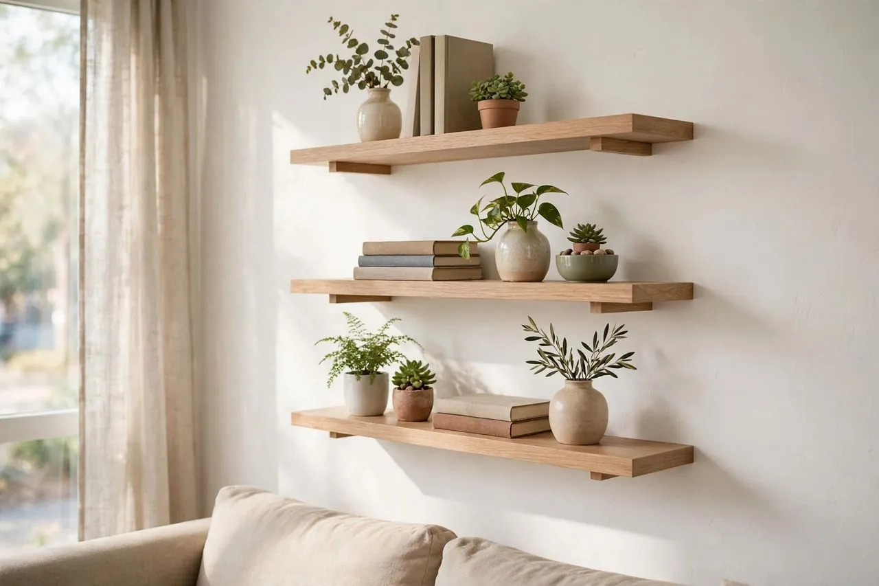 Light oak floating shelves holding books and potted plants on a bright rental living room wall