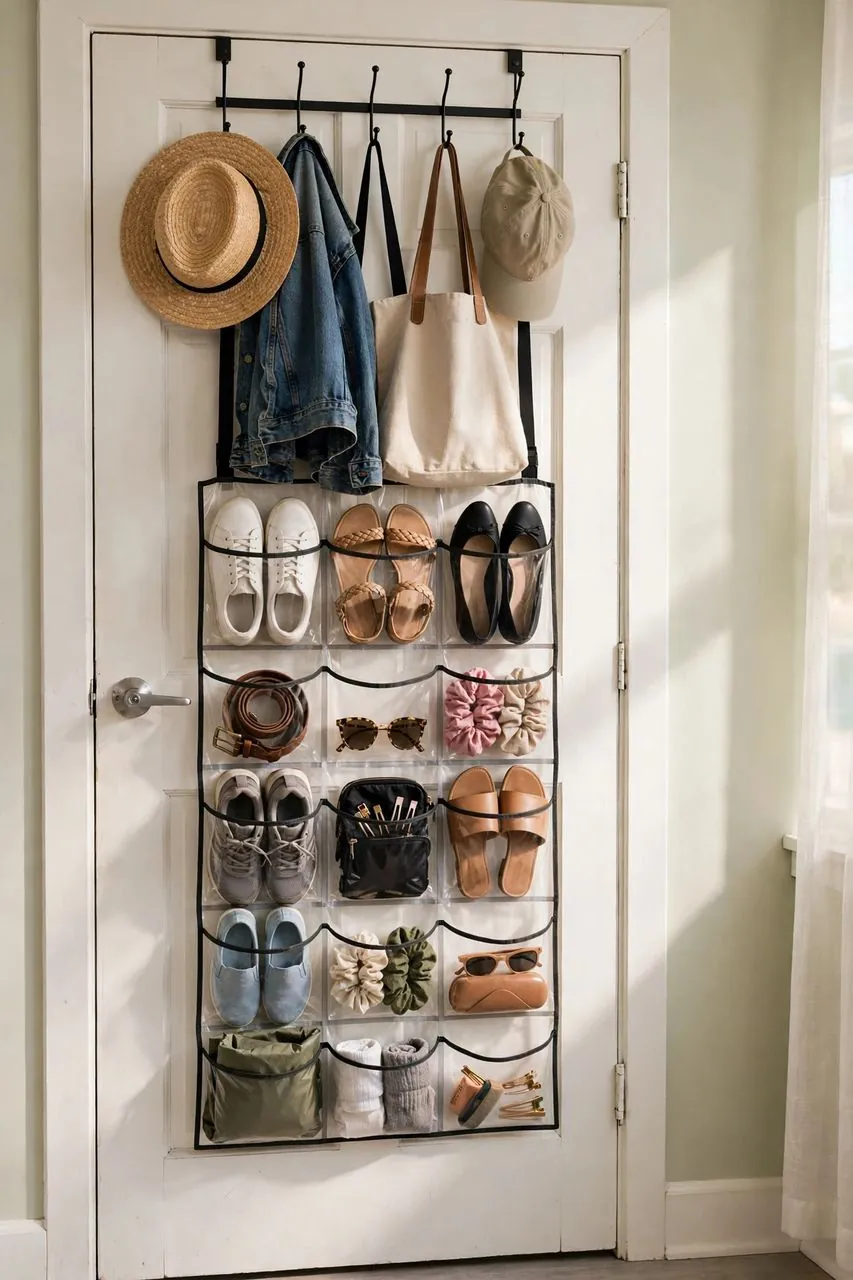Clear-pocket over-the-door organizer holding shoes and accessories on the back of a white rental door