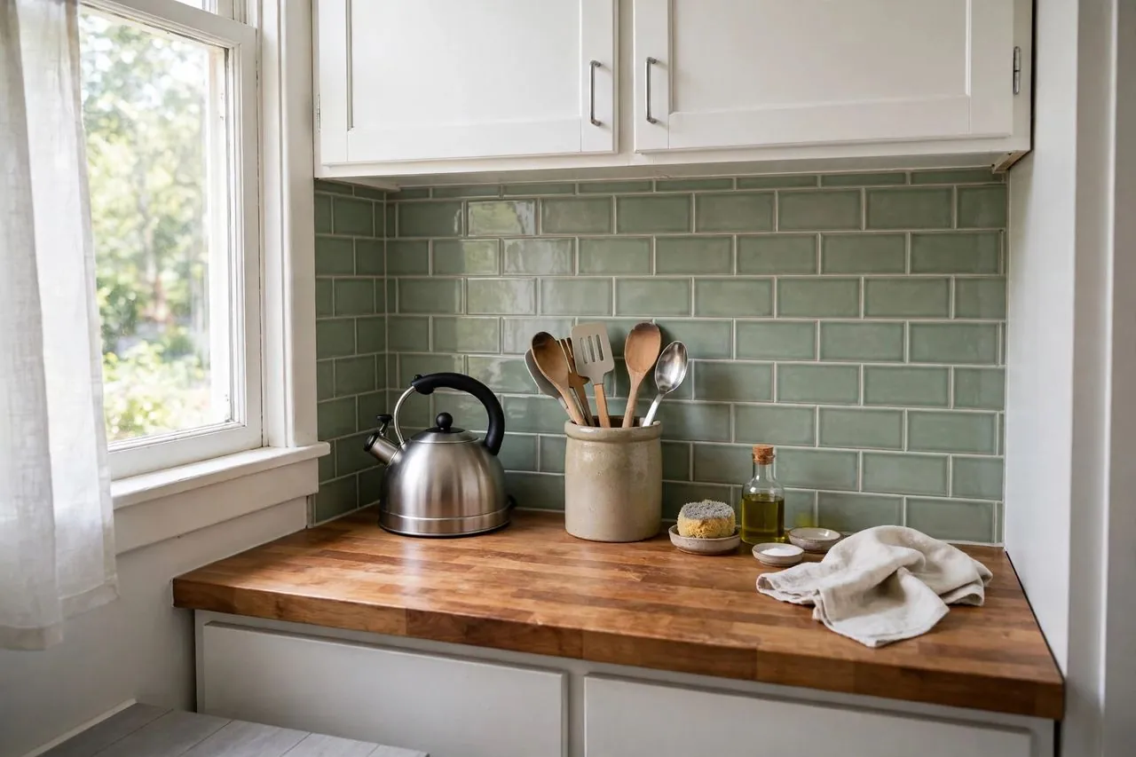 Sage green subway tile peel-and-stick backsplash in a small rental kitchen with a wooden counter