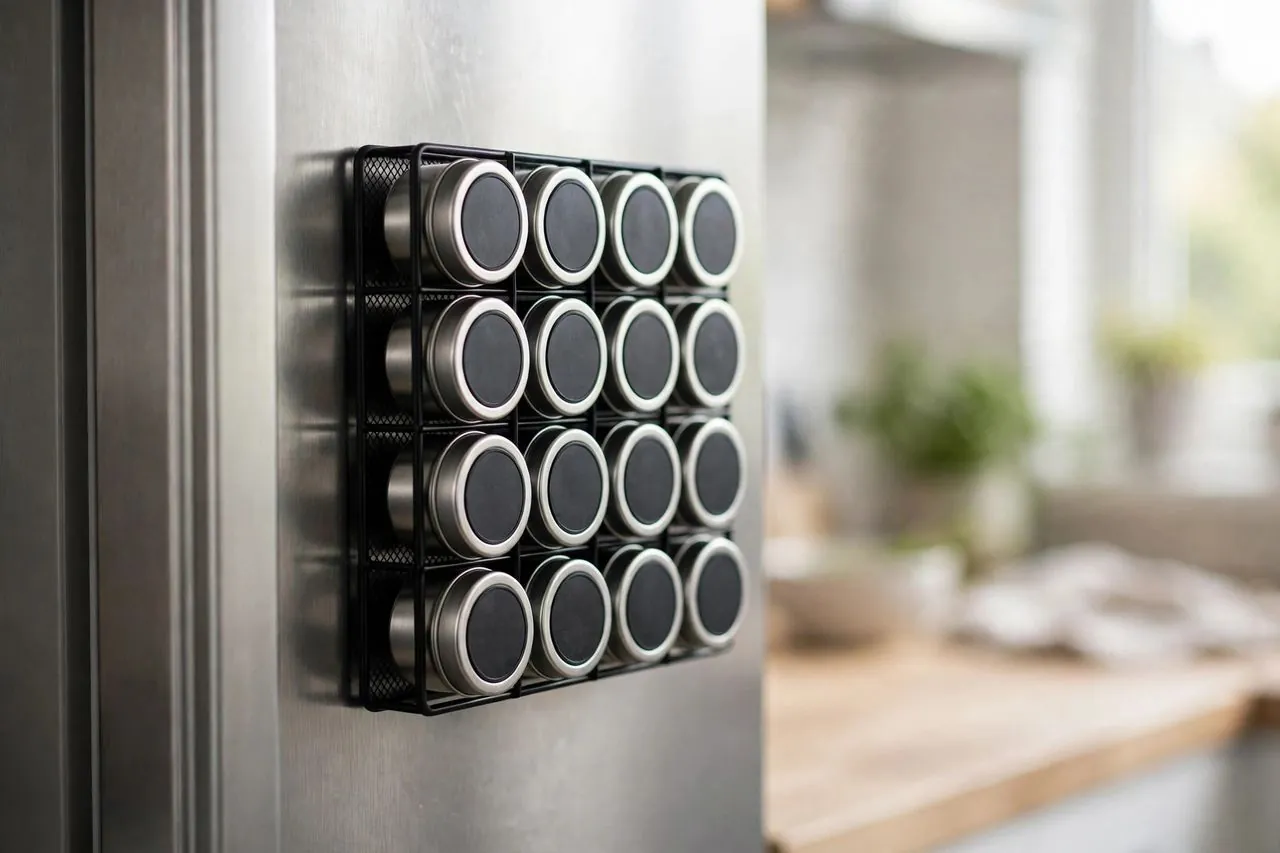 Magnetic spice tins arranged in a grid rack on the side of a stainless steel fridge