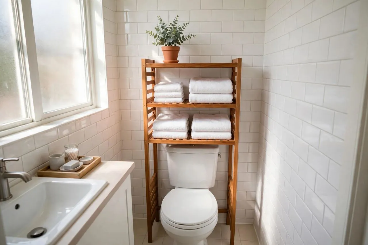 Wooden over-toilet storage stand with folded white towels and a potted plant in a bright tiled rental bathroom
