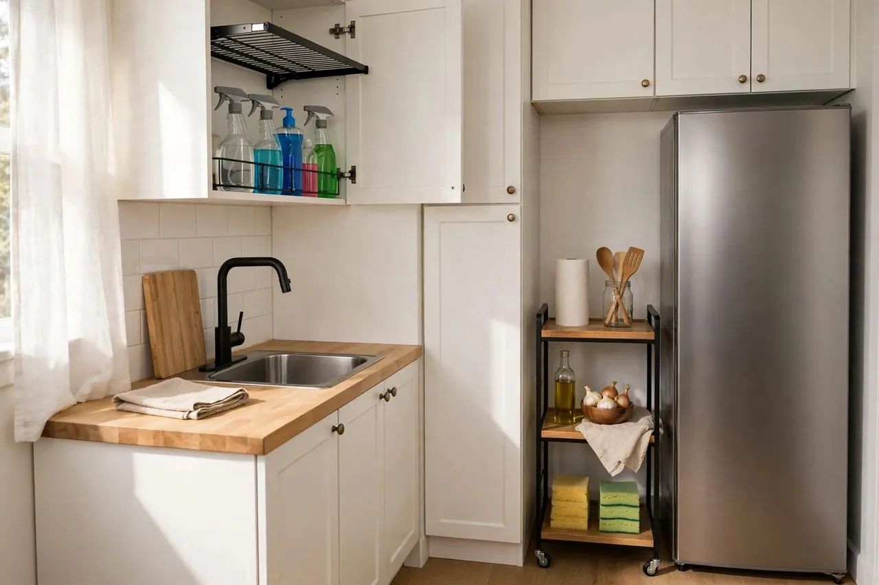 Small rental kitchen with an under-cabinet rack holding spray bottles and a slim rolling cart beside the fridge