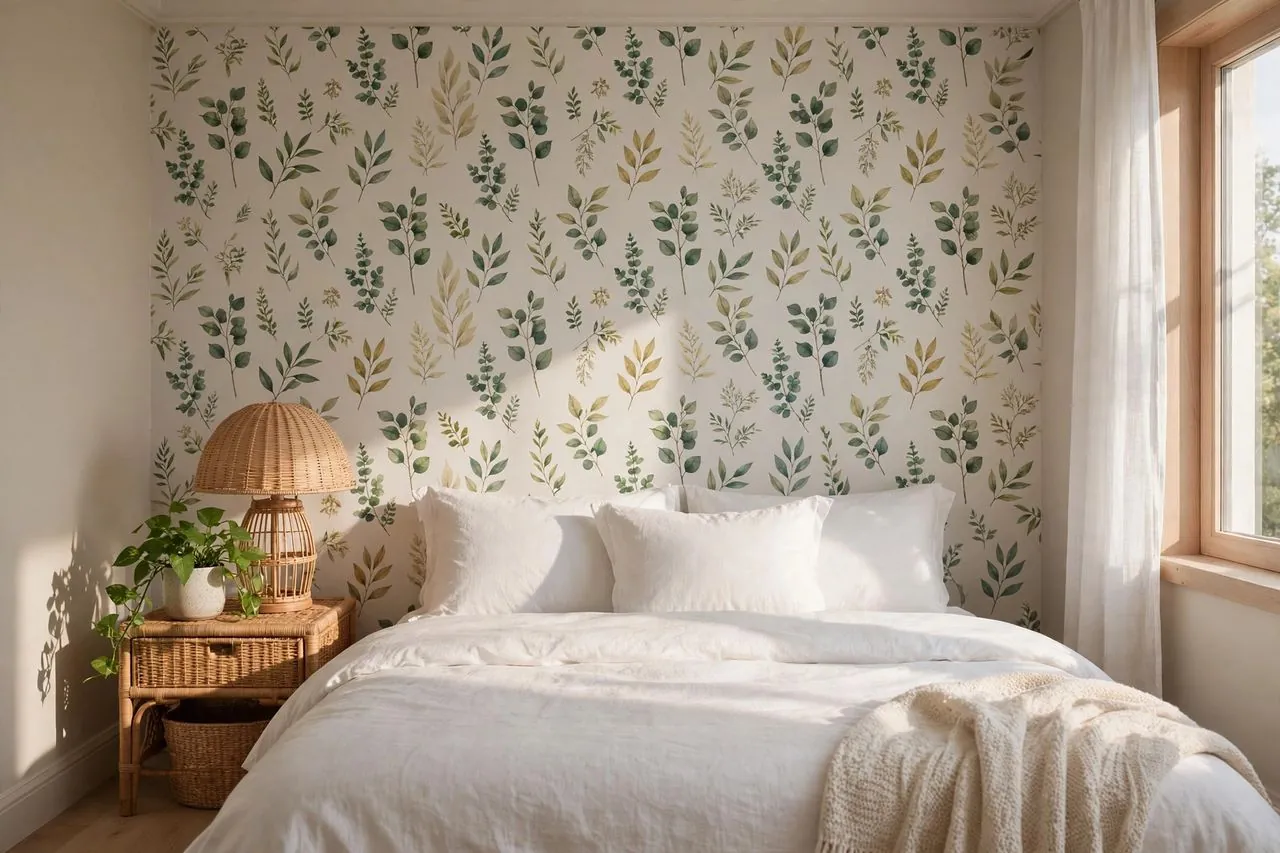 Botanical peel-and-stick wallpaper accent wall behind a bed in a bright rental bedroom
